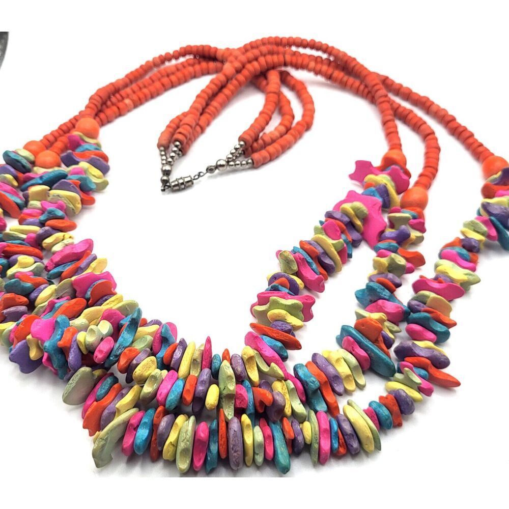 Vintage Heishi Multicolor Triple Strand Necklace 27.5in